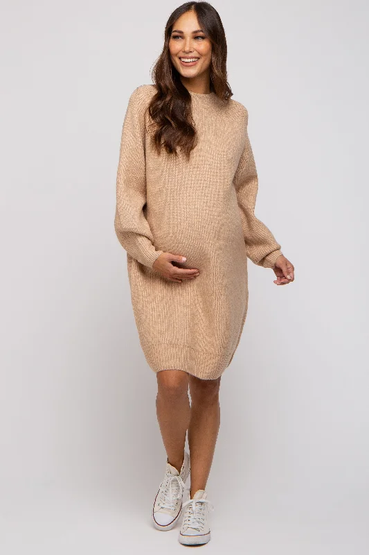 maternity bodycon dress -Beige Mock Neck Maternity Sweater Dress