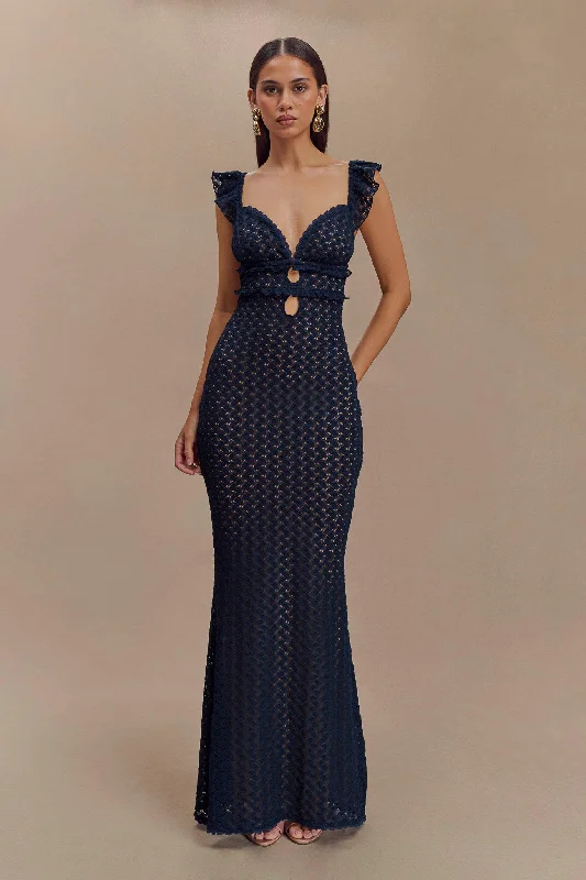 Women's maxi dress lightweight twill -Ezra Lace Maxi Dress - Navy