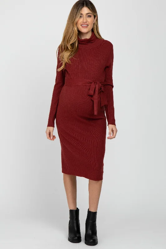 maternity baby shower gown -Burgundy Ribbed Turtleneck Maternity Sweater Dress