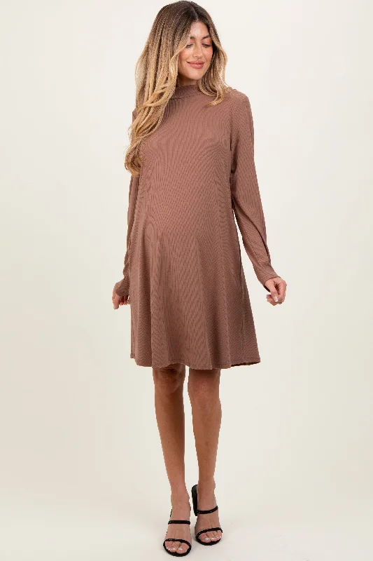 maternity elegant evening dress -Mocha Ribbed Mock Neck Long Sleeve Basic Maternity Dress