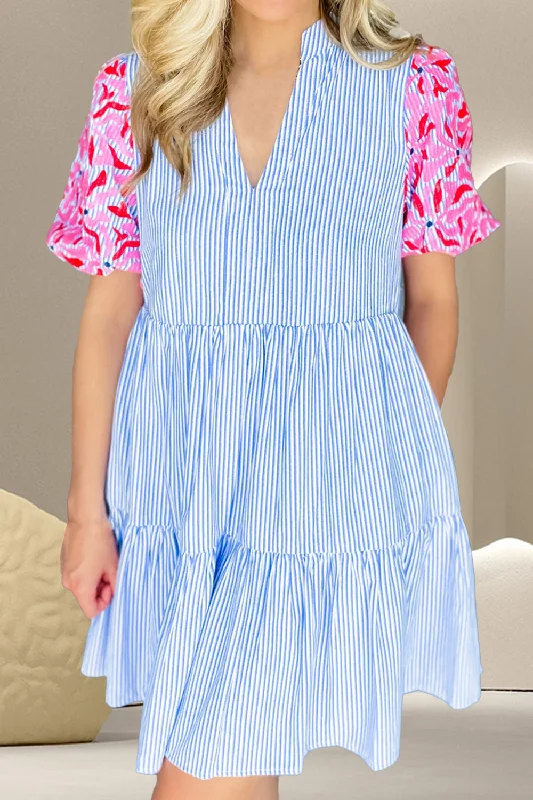 short sleeve tie-waist dress -Embroidered Striped Notched Short Sleeve Dress