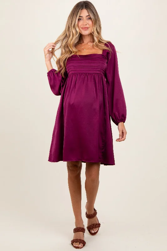 maternity frill dress -Plum Satin Pleated Detail Bodice Maternity Dress