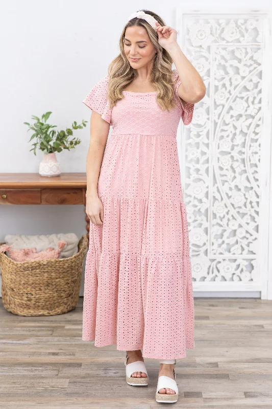 Women's maxi dress daily grace -Dusty Pink Eyelet Square Neck Lace Maxi Dress