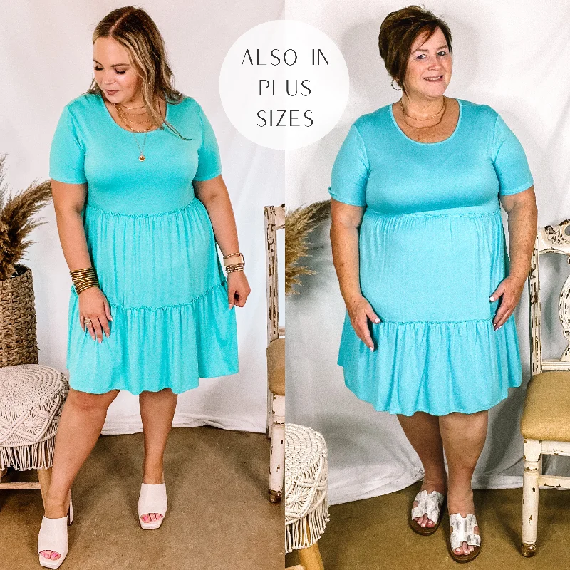 short sleeve travel-friendly dress -Last Chance Size Small, 2XL & 3XL | A Night to Remember Ruffle Tiered Short Sleeve Dress in Aqua Blue