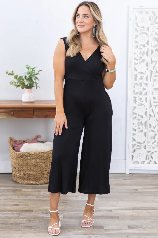 sleeveless pleated midi dress -Black Surplice Neckline Sleeveless Jumpsuit