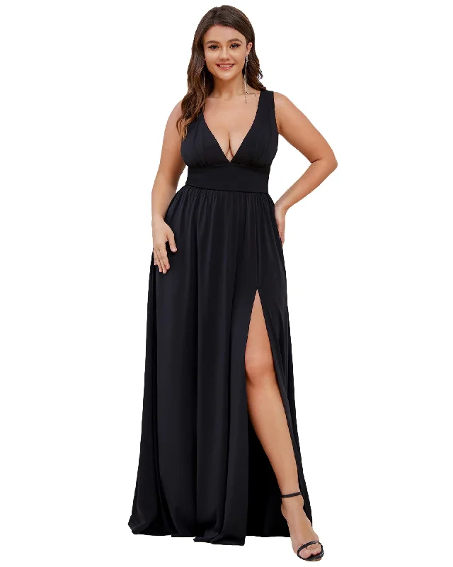 sleeveless lace dress -Sleeveless V-Neck Empire Waist High Slit Floor-Length Evening Dress | Black