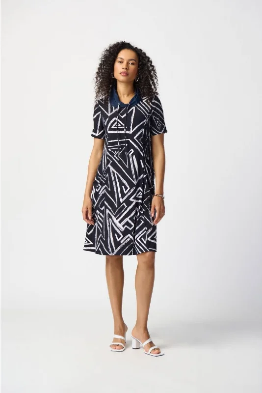 short sleeve blue dress -Joseph Ribkoff Midnight Blue/Vanilla Geometric Print Short Sleeve A-Line Dress 241028