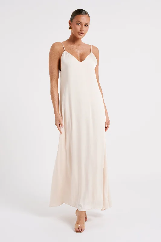 Women's maxi dress relaxed satin -Beatrice Flowy Maxi Dress - Sand