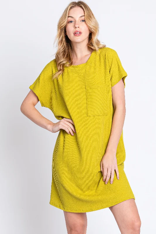 short sleeve structured dress -Lime Ribbed Front Pocket Dolman Short Sleeve Dress