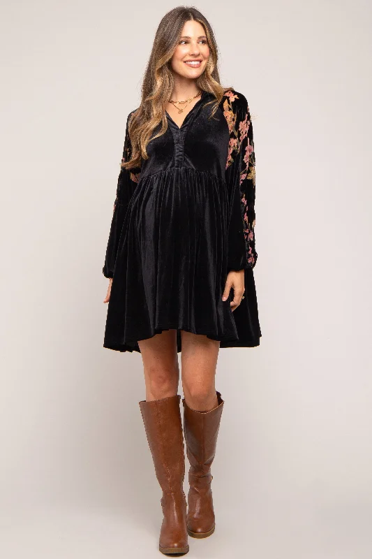 maternity short sleeve maternity dress -Black Velvet Floral Long Sleeve Maternity Dress