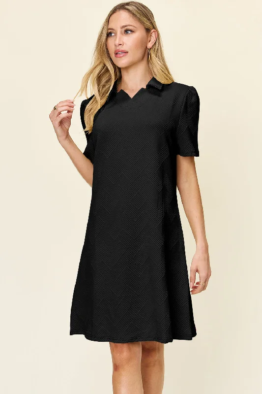 short sleeve fitted dress -Full Size Texture Collared Neck Short Sleeve Dress