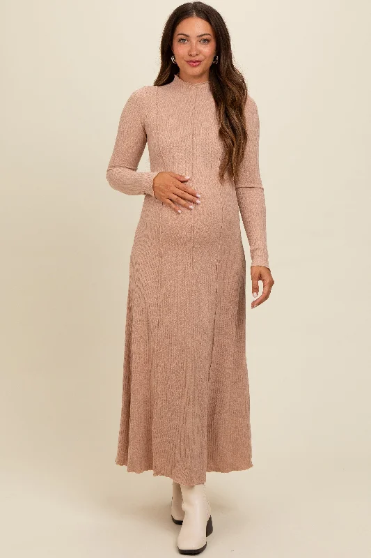 maternity comfortable lounge dress -Beige Ribbed Exposed Seam Mock Neck Maternity Dress