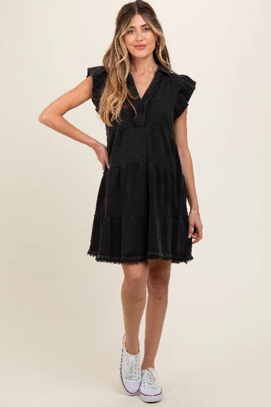 maternity chiffon maternity dress -Charcoal French Terry Tiered Maternity Dress