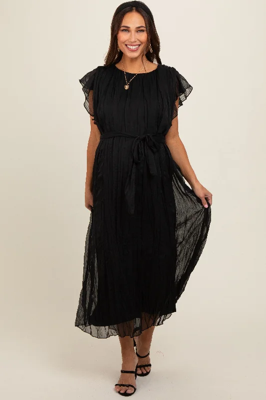 maternity sundress -Black Short Sleeve Crinkle Self Tie Maternity Dress