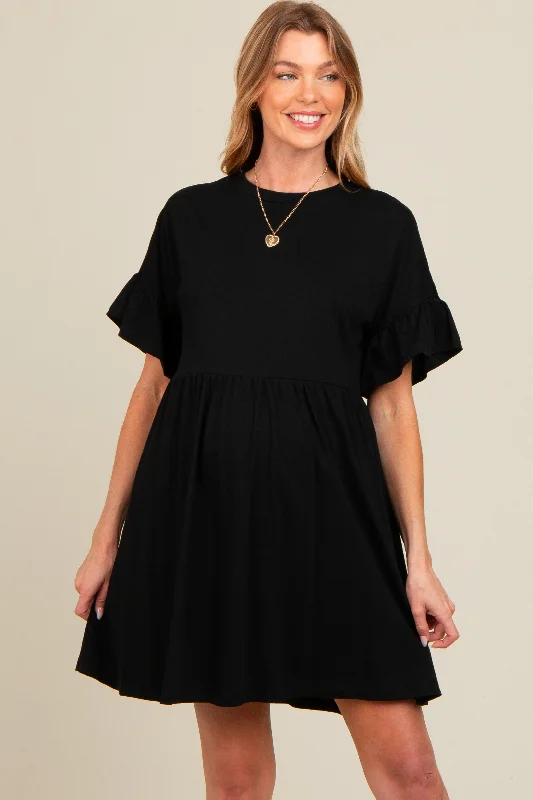 maternity long sleeve dress -Black Ruffle Sleeve Maternity Dress