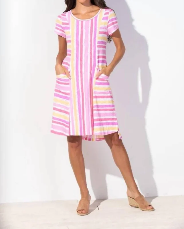 short sleeve ultra-modern dress -Striped Pocket Short Sleeve Dress In Guava