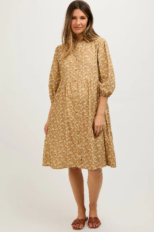 maternity stylish daily wear dress -Camel Floral Button Front 3/4 Sleeve Maternity Dress