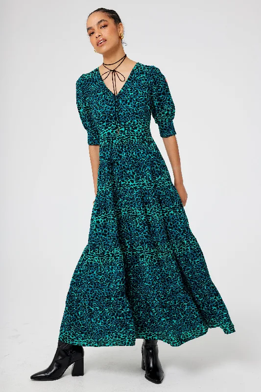 Women's maxi dress forest plaid -Green with Black Wild Leopard Maxi Dress