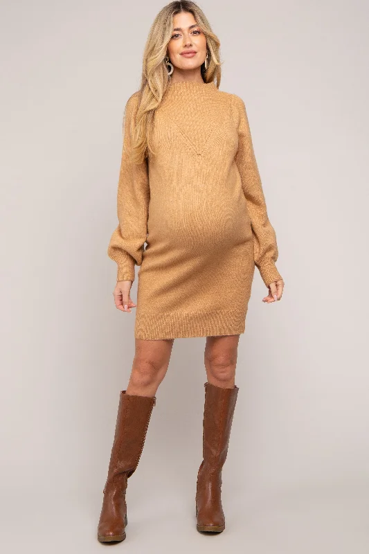 maternity pleated dress -Camel Chunky Knit Maternity Sweater Dress