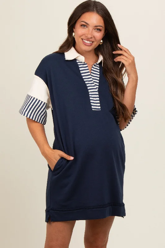 maternity comfortable office dress -Navy Blue Striped Color Block Collared Terry Maternity Dress