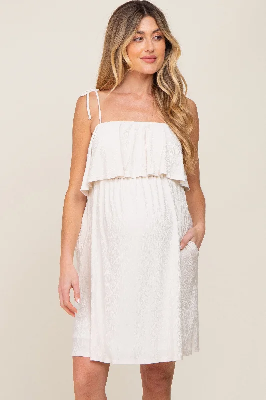 maternity wedding maternity gown -Ivory Ruffle Overlay Shoulder Tie Maternity Dress