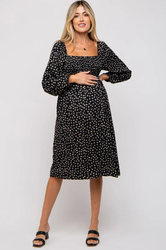 maternity chiffon maternity dress -Black Floral Smocked Long Sleeve Maternity Dress