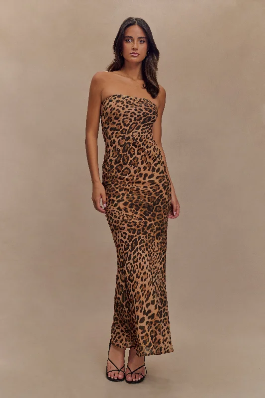 Women's maxi dress boho tassel -Breanna Strapless Chiffon Maxi Dress - Leopard Print