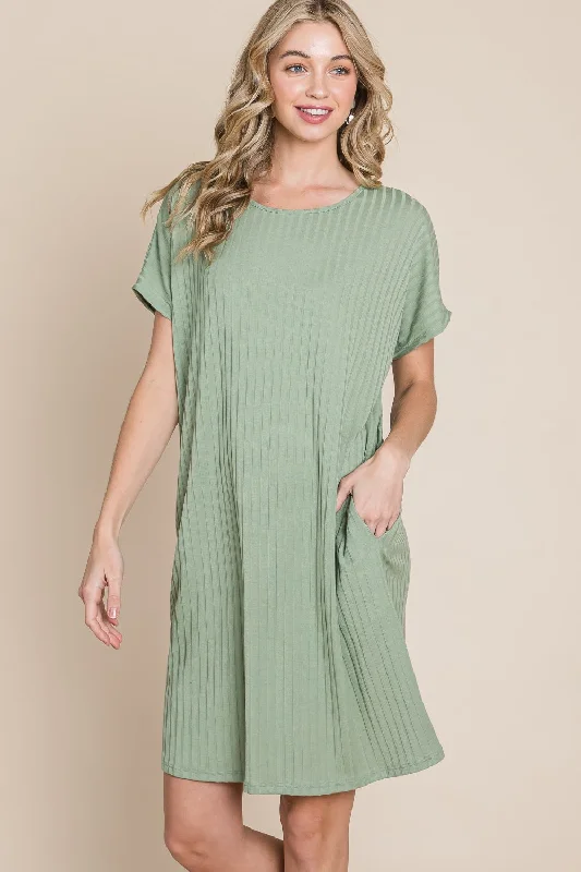 short sleeve soft and stretchy dress -BOMBOM Ribbed Round Neck Short Sleeve Dress