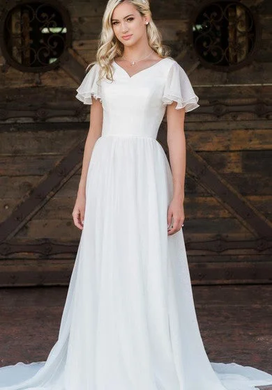 short sleeve beach dress -Casual V-neck Chiffon A Line Floor-length Brush Train Short Sleeve Wedding Dress with Ruffles