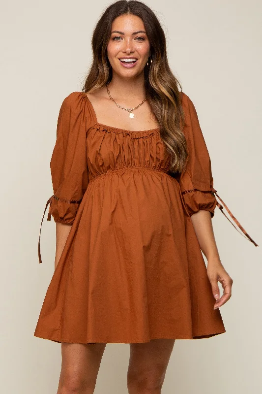 maternity comfortable lounge dress -Rust Ruched Puff Sleeve Maternity Dress