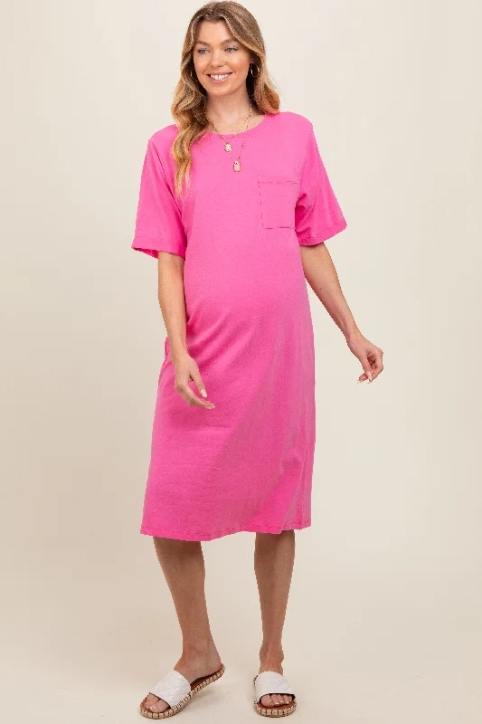 maternity cold shoulder dress -Pink Oversized Round Neck T-Shirt Maternity Dress