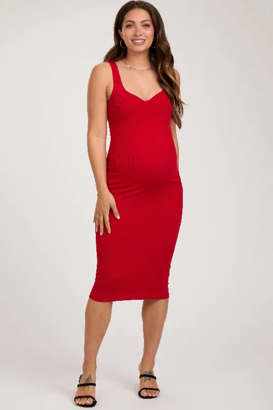 maternity bump friendly dress -Red Sleeveless Ribbed Fitted Maternity Dress