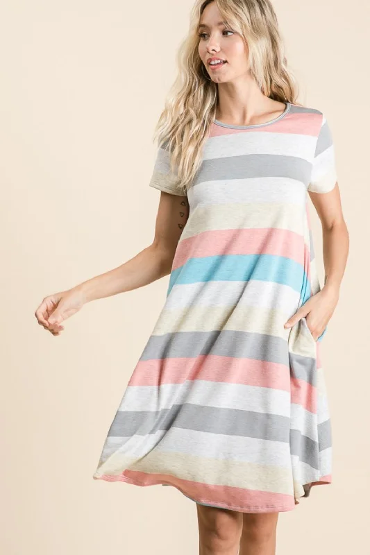 short sleeve puff sleeve dress -BOMBOM Striped Short Sleeve Dress with Pockets