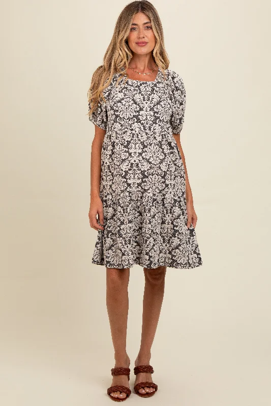 maternity shift dress -Black Jacquard Damask Print Maternity Dress