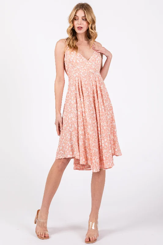 sleeveless crisscross dress -Peach Floral Sleeveless V-Neck Dress