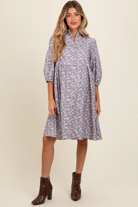 maternity floral print dress -Lavender Floral Button Front 3/4 Sleeve Maternity Dress