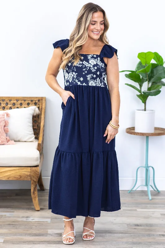 Women's maxi dress relaxed denim -Navy Square Neck Tiered Maxi Dress