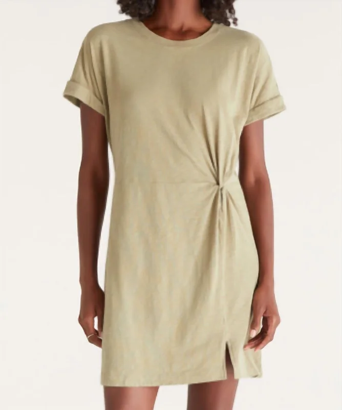 short sleeve street style dress -Short Sleeve Cotton Slub Dress With Twist Detail In Olive Branch