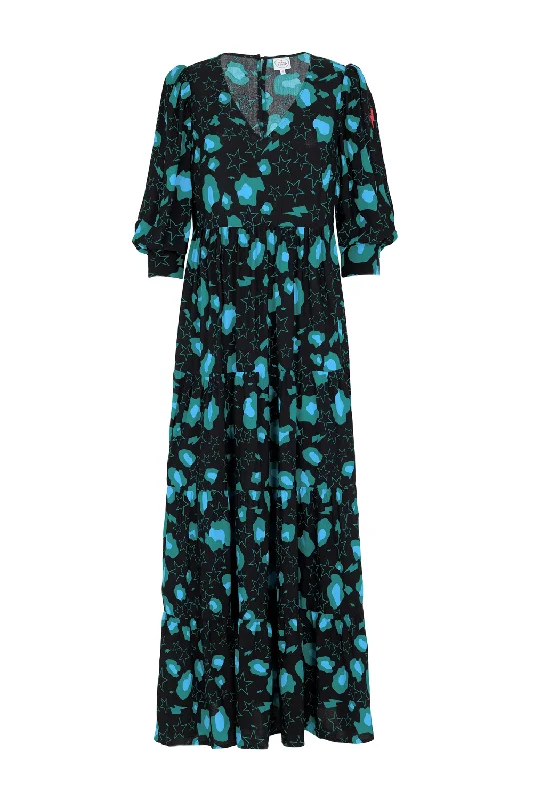 Women's maxi dress muted teal -Black with Teal Snow Leopard & Star Maxi Dress