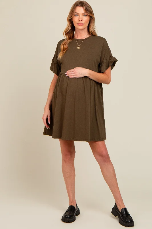 maternity floor length dress -Olive Ruffle Sleeve Maternity Dress