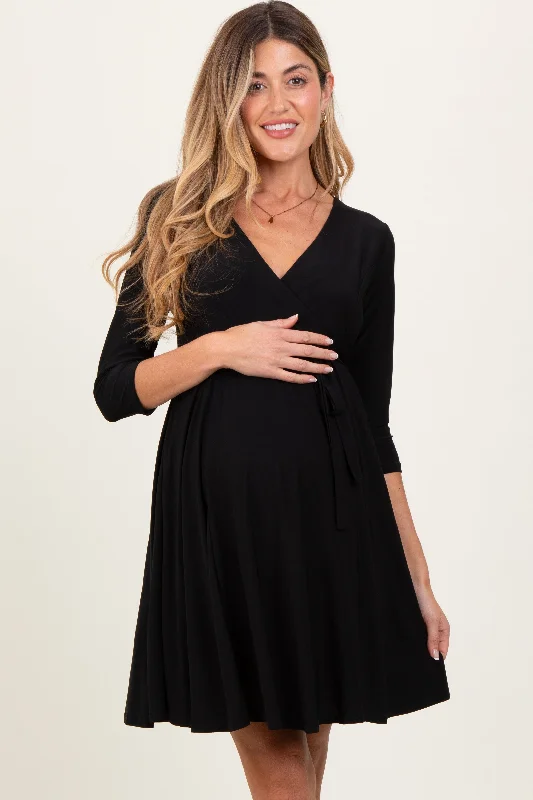 maternity fitted bodycon dress -Black 3/4 Sleeve Maternity/Nursing Sash Tie Wrap Dress