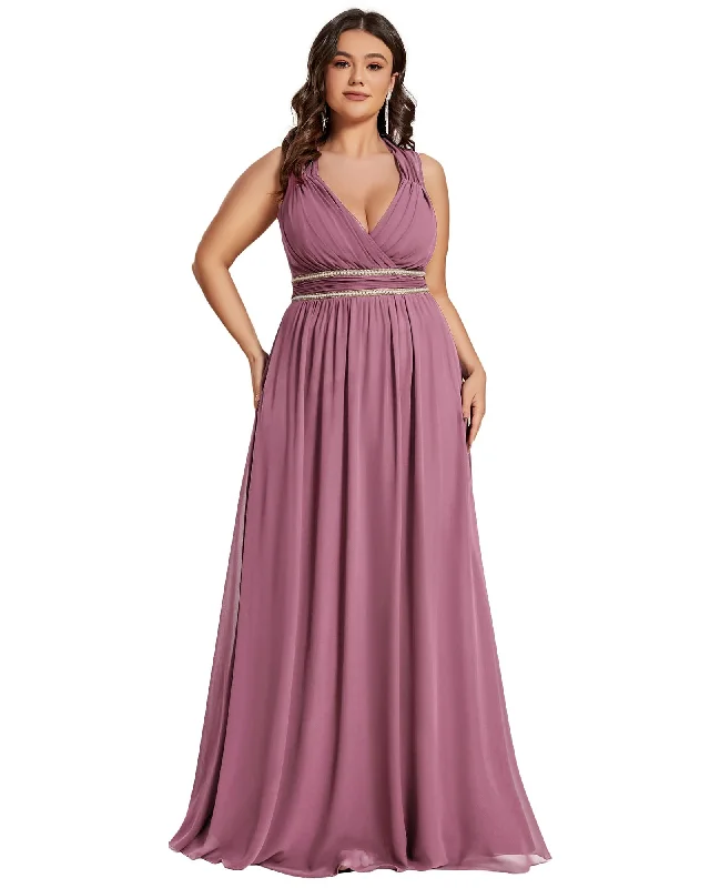 sleeveless dainty dress -V-Neck Sleeveless Beaded Belt Chiffon A-Line Evening Dress | Purple Orchid