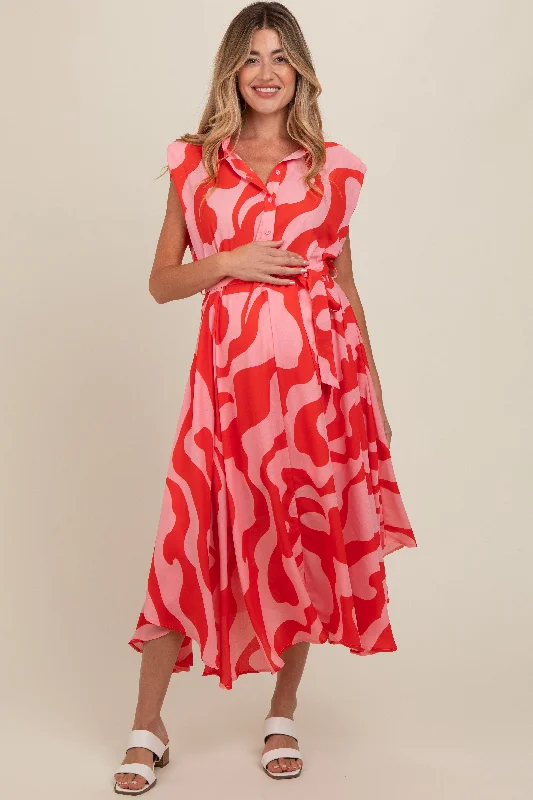 maternity feathered dress -Red Abstract Print Collared Belted Maternity Dress