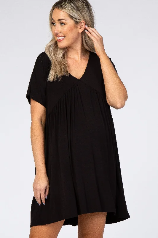 maternity plus size maternity dress -Black V-Neck Dolman Maternity Dress