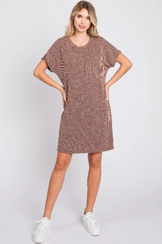 short sleeve Y2K dress -Taupe Ribbed Front Pocket Dolman Short Sleeve Dress