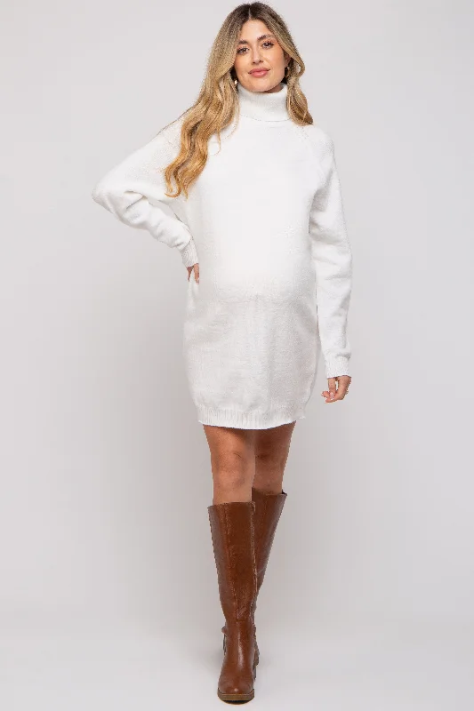 maternity casual dress -Cream Knit Long Sleeve Turtleneck Maternity Sweater Dress