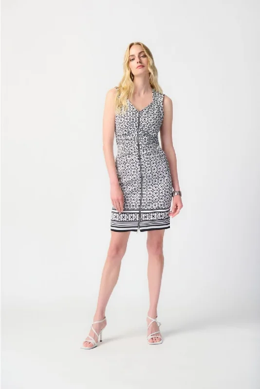 sleeveless black dress -Joseph Ribkoff Vanilla/Black Geometric Print Sleeveless Sheath Dress 241171