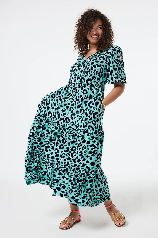 Women's maxi dress casual lilac -Green with Purple and Black Shadow Leopard Tie Front Maxi Dress