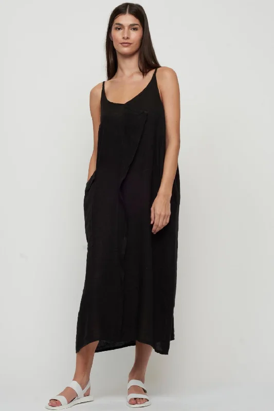 sleeveless warm-weather dress -Pistache Sleeveless Fold Over Linen Dress with Large Patch Pocket, Black (D-23167)