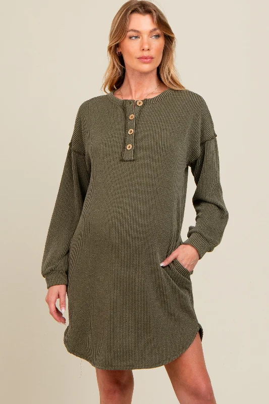 maternity chiffon maternity dress -Olive Ribbed Button Accent Maternity Dress